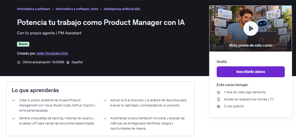 Vista previa del curso de Product Manager con inteligencia artificial en Udemy