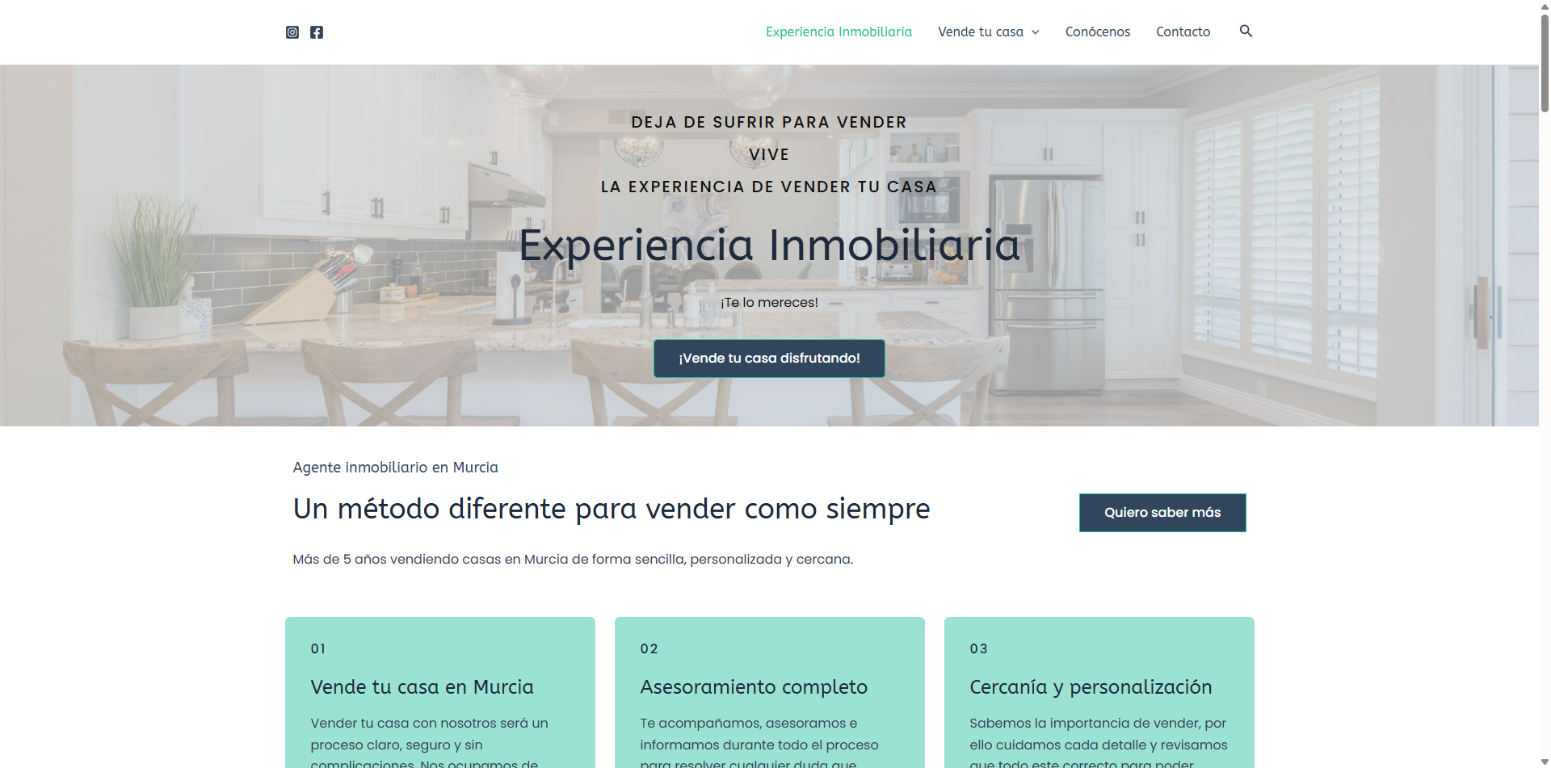 Captura de Experiencia Inmobiliaria con su presentación y servicios de venta de viviendas en Murcia