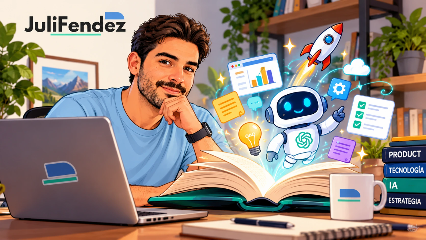 Ilustración de JuliFendez junto a un libro abierto y un robot de inteligencia artificial