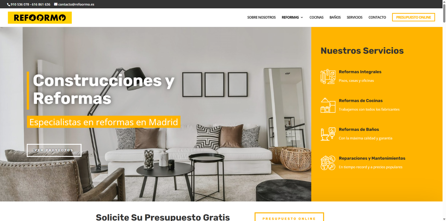 Captura de la web de Refoormo con sus servicios de construcción y reformas en Madrid