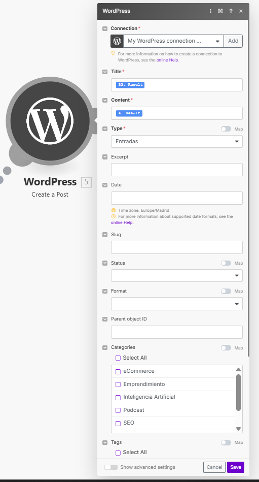 Módulo WordPress en Make