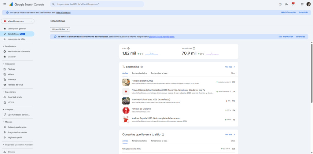 Google Search Console, menú de estadísticas